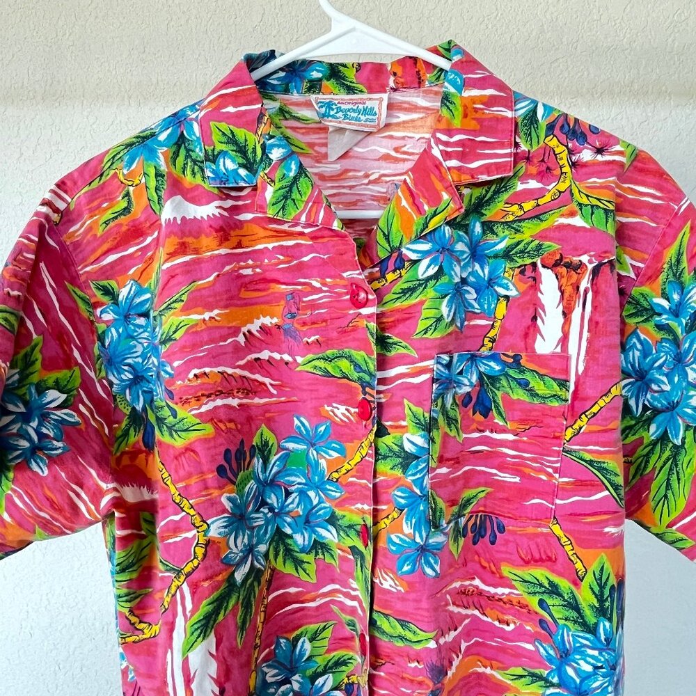 Vintage Beverly Hills Blues Button Down Tropical Pink Hawaiian